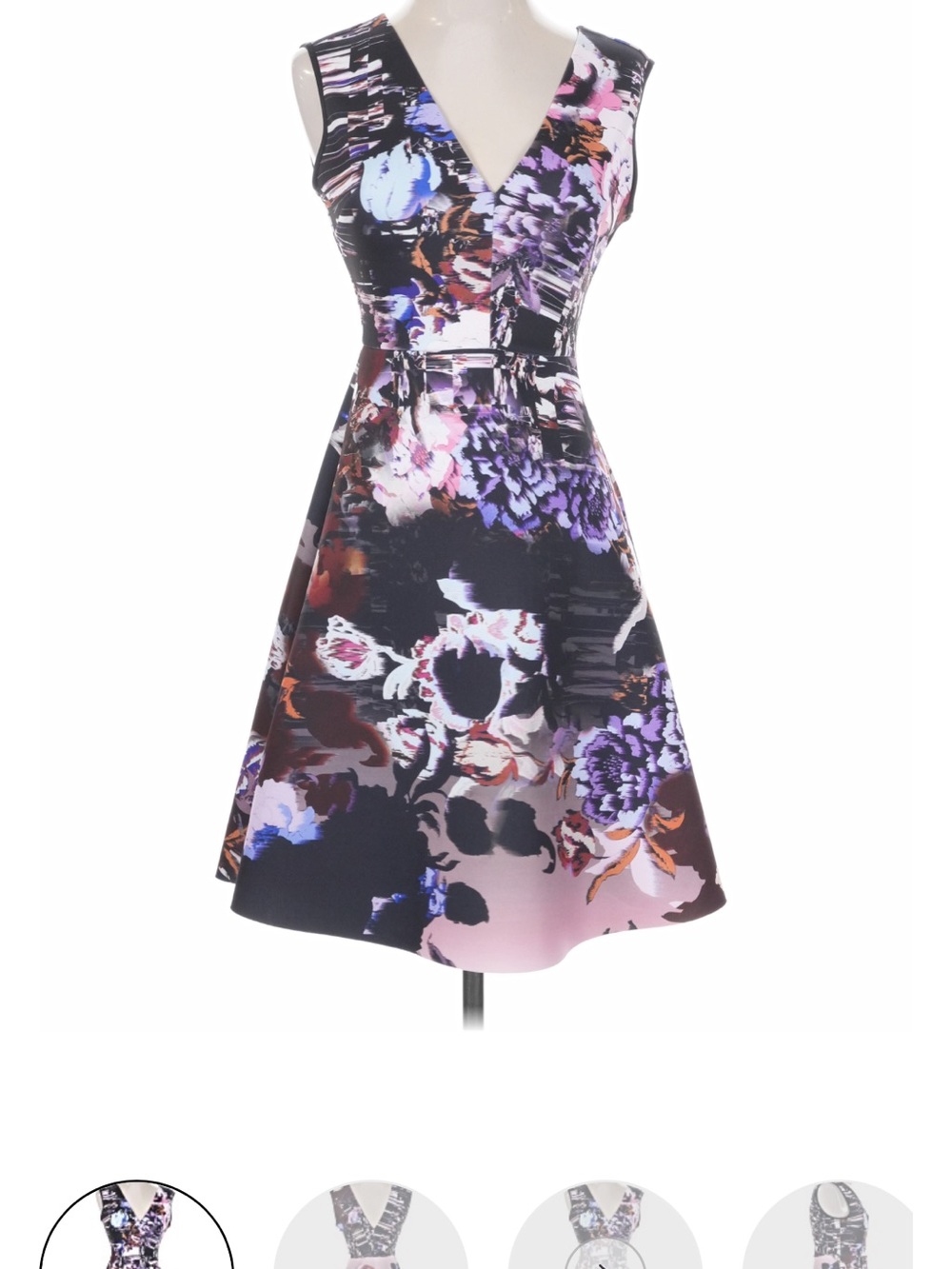 Clover Canyon Black Floral V-Neck Midi Dress with Purple and Pink Accents